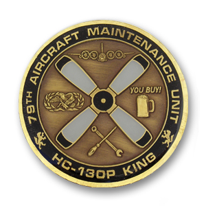 79th Aircraft Maintenance Unit Challenge Coin - 1.75 inch, Antique Bronze with a Flat diamond cut edge and epoxy